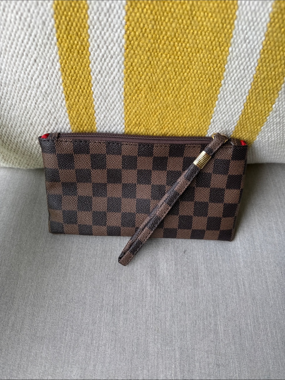 Amazon Brown Checkered Wristlet Clutch with Red Accents